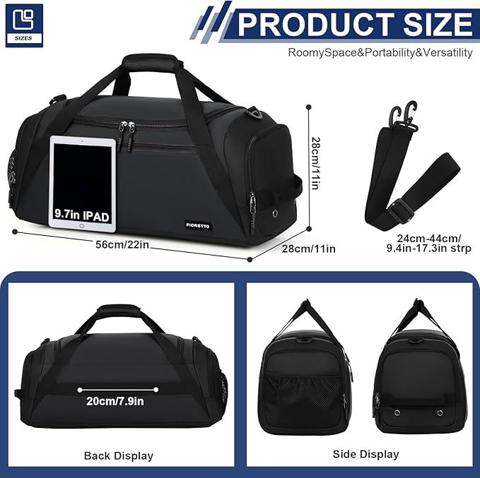 FIORETTO 43L Mens Sports Gym Bag with Wet Pocket & Shoe Compartment, Travel Duffle Bag Overnight Bag with Padded Shoulder Strap, Holdall for Swimming, Basketball, Football Black