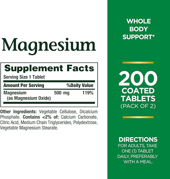 Nature's Bounty Magnesium Supplements 500mg Tablets, Support Bone & Muscle Health, 200 Count (Pack of 2)