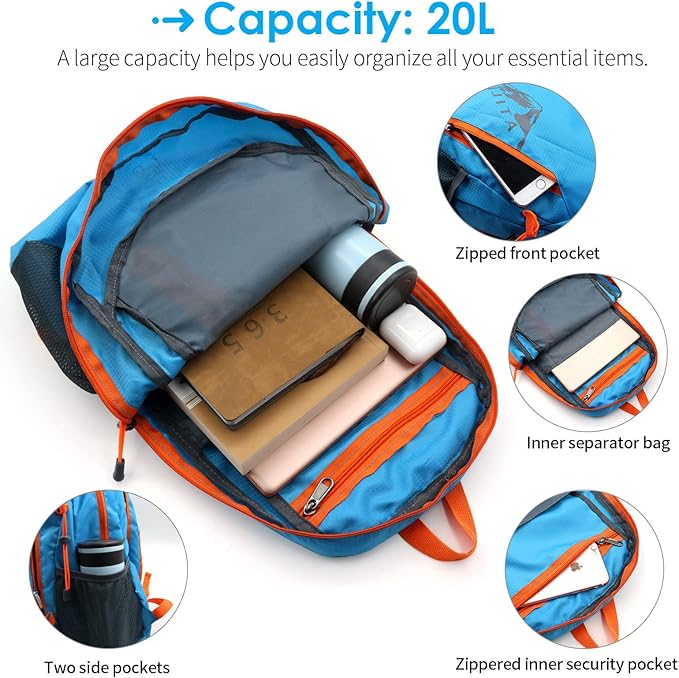 20L Lightweight Hiking Backpack, Foldable Waterproof Daypack, Packable Travel Backpack for Men & Women (Blue)