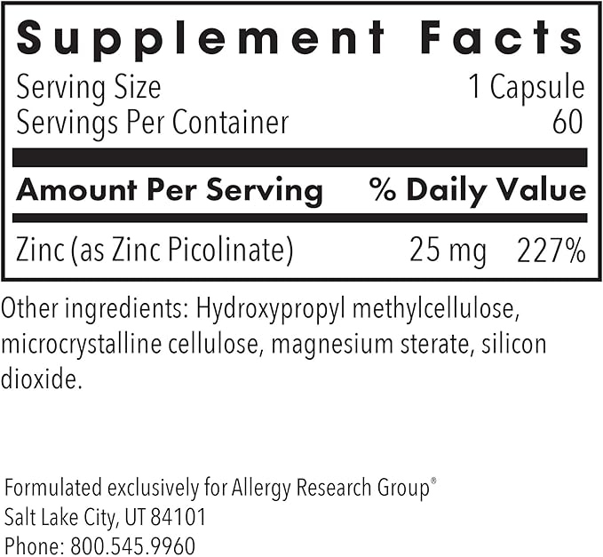 Allergy Research Group Zinc Picolinate Supplement - Supports Normal Health Immune Response, Highly Bioavailable, Well-Absorbed, Hypoallergenic, Vegetarian Capsules - 60 Count