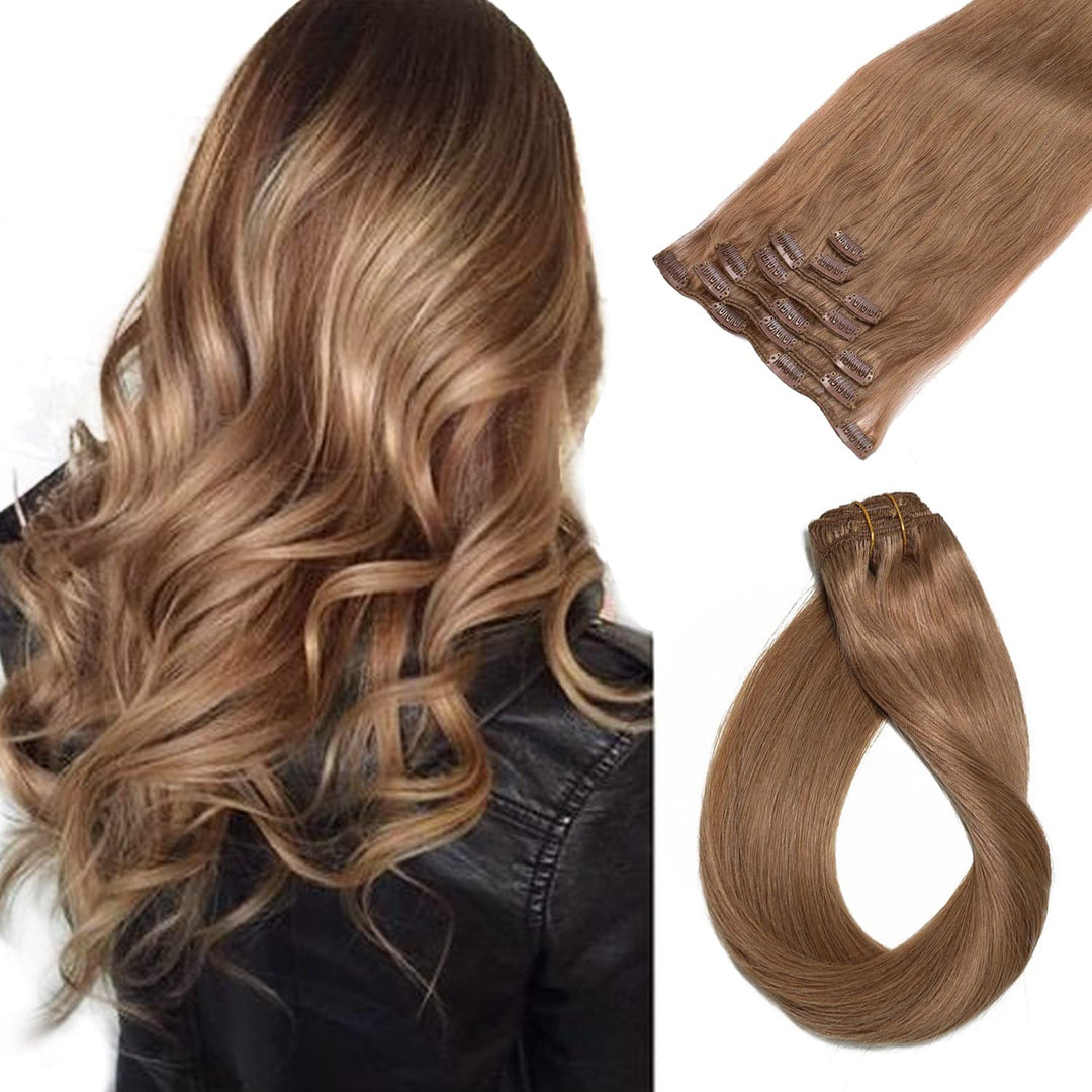 Clip In Hair Extensions Silky Straight Human Hair Clip In Remy Real Hair Extensions Golden Brown 7 Pieces 70G Double Weft Clip O