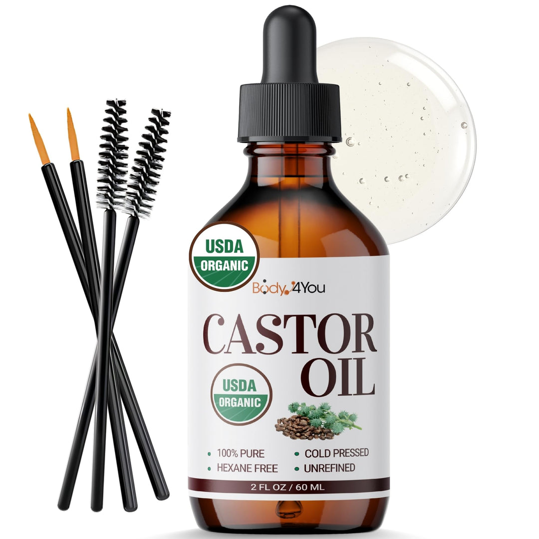BodyJ4You Organic Castor Oil - Pure 100% USDA Certified Cold Pressed - Natural Hair Growth Eyelashes Eyebrows Veganic - Rich Hydration Healthy Skin Moisturizer Lash Serum Brow - 2 Fl Oz