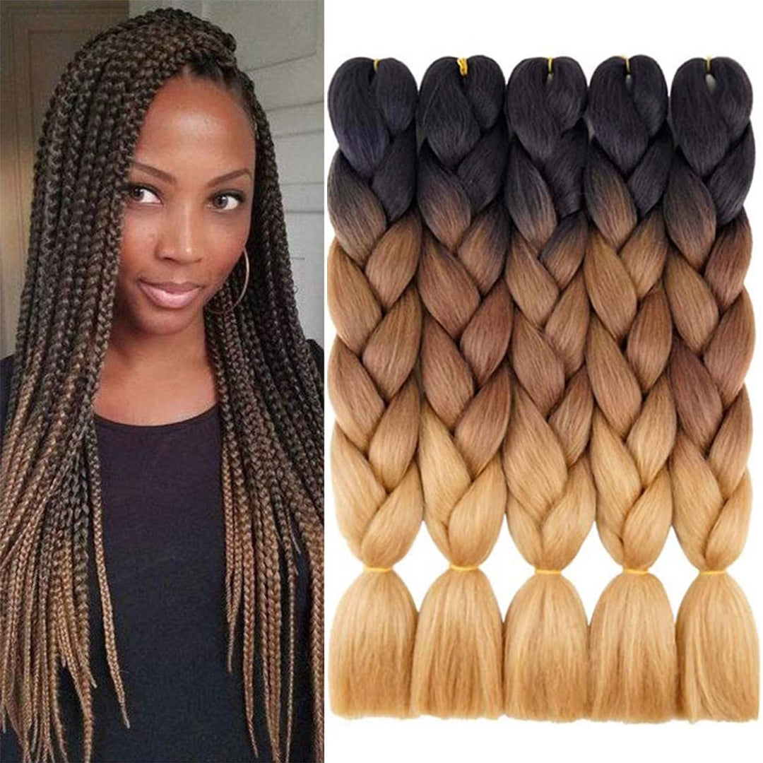 Jumbo Braiding Hair Extensions Braiding Hair Pre Stretched Afro 24 Inch Ombre Multiple Tone Colored Synthetic Hair For Box Twist Braids (black-darkbrown-lightbrown)