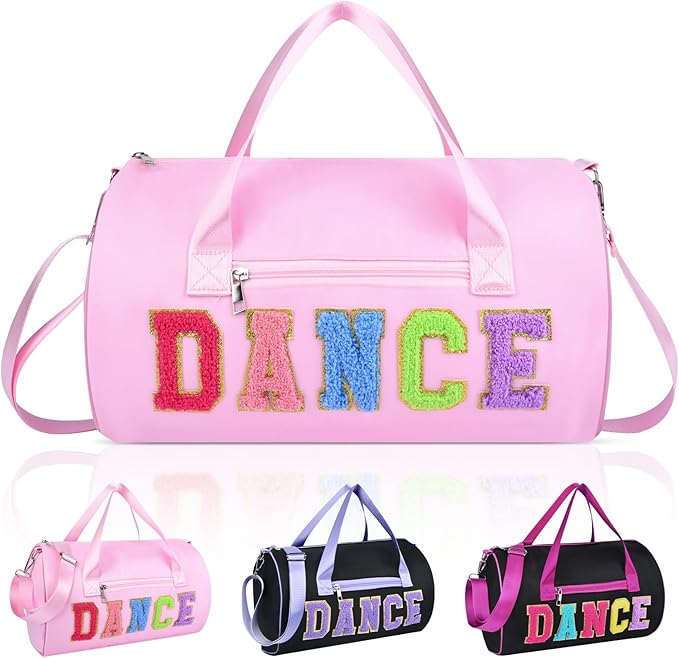 Dance Bag for Girls, KUIRAN 23L Waterproof Travel Duffel Bag with Colorful Chenille Letter, Lightweight Small Gym Sport Ballet Bag Weekender Bag with Large Main Compartment - Pink
