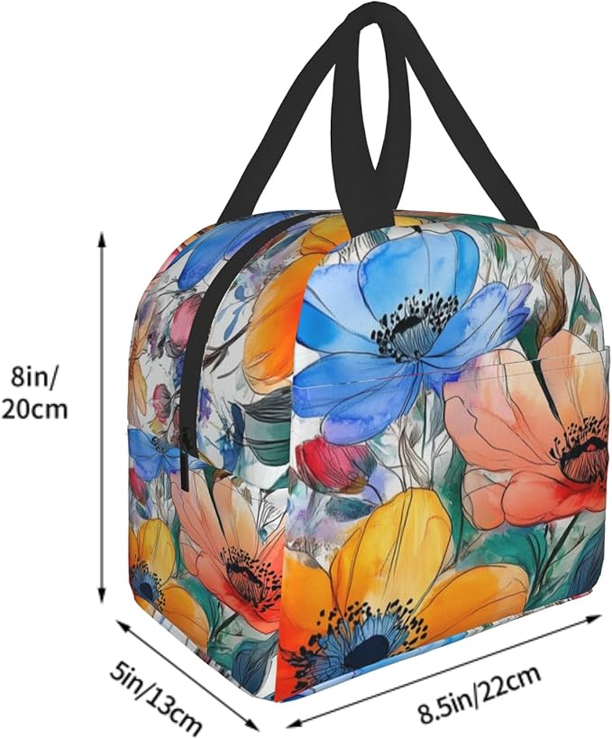 Watercolor Floral Insulated Lunch Box for Women Men， Colorful Leaf Flowers Reusable Lunch Tote Bags Thermal Cooler Lunch Bags for Office School Picnic Hiking