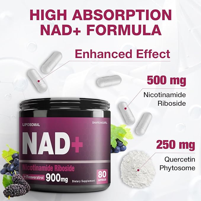 NAD Supplement - NAD Nicotinamide Riboside Resveratrol 900mg, Liposomal NAD Plus for Men and Women, Support Anti-Aging and Cellular Repair, 80 Capsules