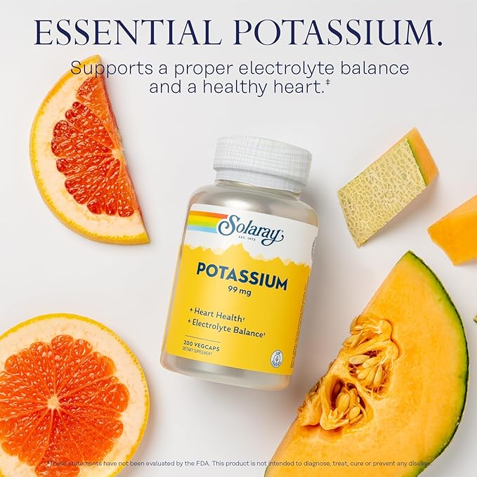 Solaray Potassium 99 mg - Electrolyte Balance Formula - Potassium Supplement for Electrolytes, Vascular and Heart Health Support - 60-Day Money Back Guarantee, Lab Verified, 200 Servings, 200 VegCaps
