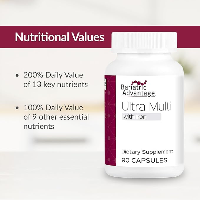 Bariatric Advantage Ultra Multivitamin with Iron - Ultra Multi with Iron - Capsule Format Multivitamin - Provides Full Complex of B Vitamins - with Vitamin C, Chromium & More - 90 Capsules