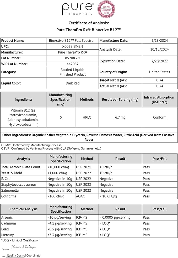 Pure TheraPro BioActive Vegan Methylated Vitamin B12 Sublingual Liquid Methylcobalamin, Hydroxocobalamin & Adenosylcobalamin 1,000 mcg per Drop (5 Drops = 5,000mcg / 2 Month Supply) 10 ml