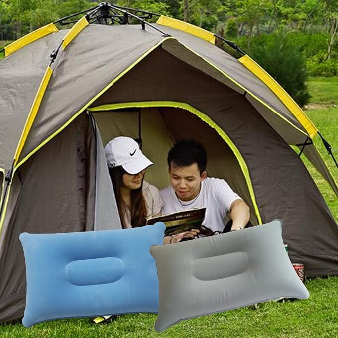 2 Pack Squared Flocked Fabric Air Pillow,Ultralight Inflatable Pillow for Hiking,Outdoor Sport,Camping,Traveling,Neck/Lumbar Support (Grey Light-Blue)