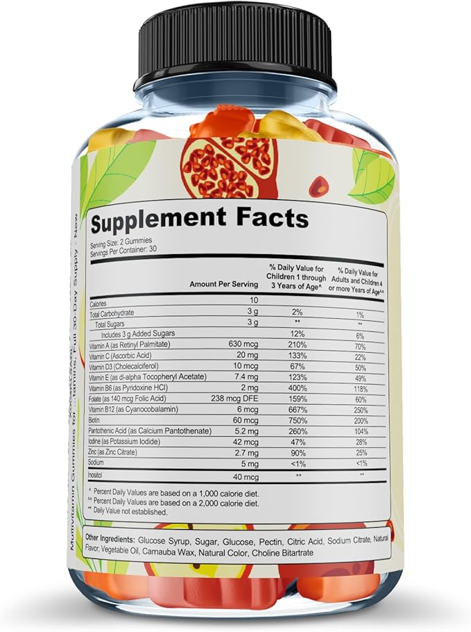 Premium Multivitamin Gummies for Toddlers & Kids - Chewable Essential Daily Vitamins A, C, D3, E, B6, B12, Biotin - No High-Fructose-Corn-Syrup or Artificial Sweeteners - 60 Gummies, 30-Day Supply