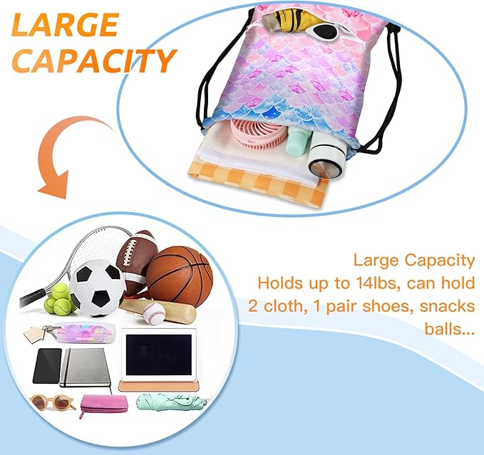 Slohif Drawstring Backpack Beach Swim Bag for Kids Draw String Dance Travel Cinch Ballet Gym Bags for Girls Boys Mermaids Waterproof Backpack for Swimming Summer Camp Pool Sports Nylon Large