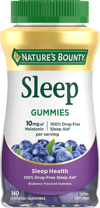 Nature’s Bounty 10 mg Melatonin Gummy, 100% Drug Free Sleep Supplement, 10 mg, Blueberry, 140 Ct