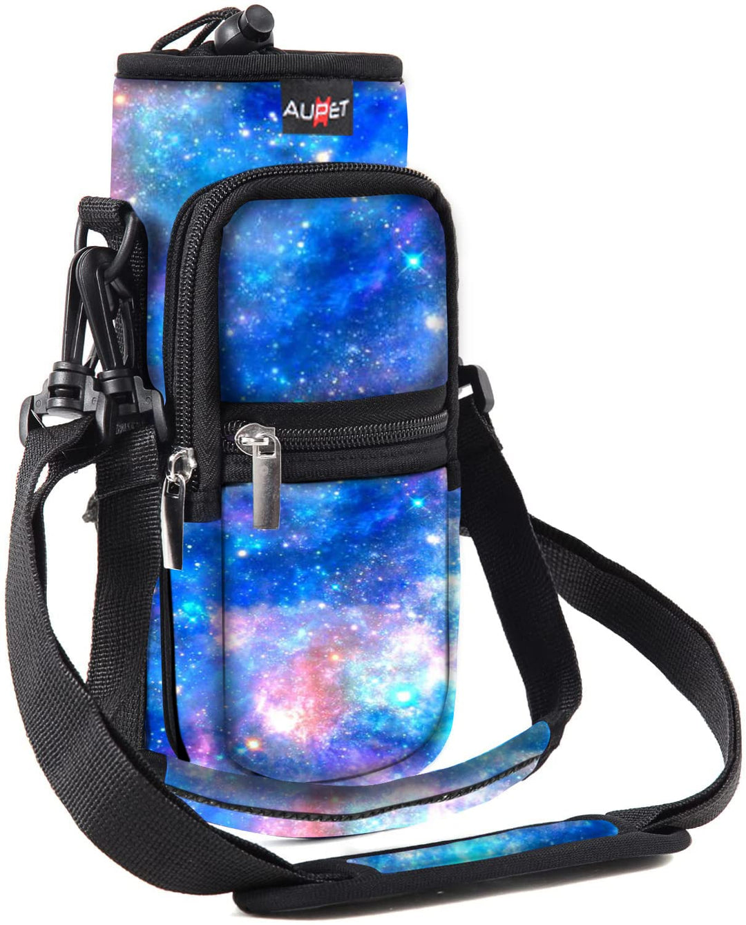 AUPET Water Bottle Sling Bag Sleeve Holder Carrier 25/32/40/64 oz,Insulated Crossbody Water Bottle Case Cover with Strap and Pockets for Men/Women Walking Hiking Camping (25oz, blue starry sky)