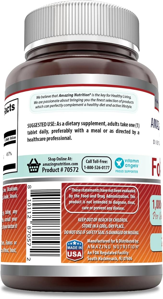 Amazing Formulas Folic Acid 1000 mcg (1 mg) Tablets Supplement | Vitamin B9 | Non-GMO | Gluten Free | Made in USA (240 Count | 3 Pack)