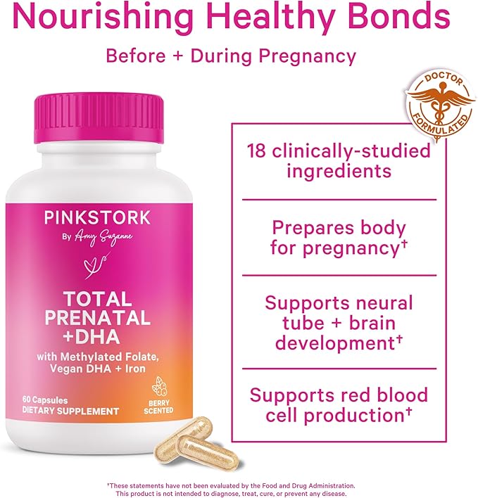 Pink Stork Total Prenatal Vitamins with DHA, Folate, Iron, Choline, and Vitamin B12 - Prenatals for Women to Support Fetal Development, Pregnancy Must Haves, Berry Essence, 60 Capsules, 1 Month Supply