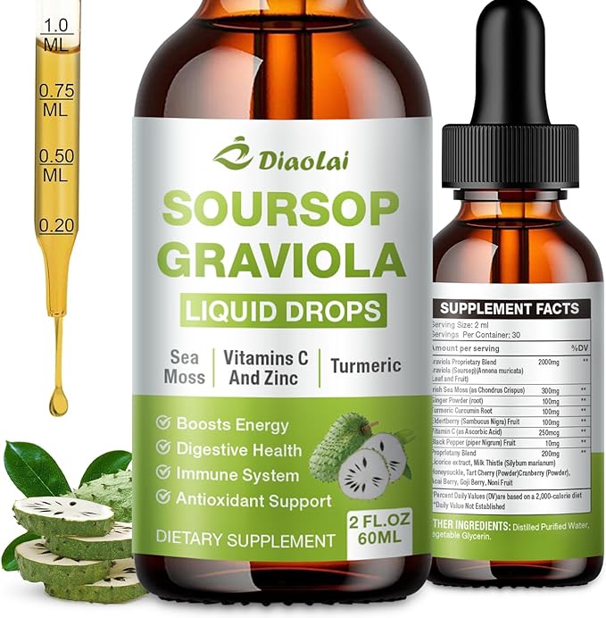 Soursop Graviola Liquid Drops - 100% Pure Organic Graviola Extract (2 Fl Oz) - Immune Support, Antioxidant Rich, Natural Energy Boost - Vegan, Non-GMO, Alcohol-Free