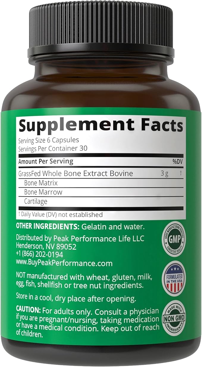 Peak Performance Grass Fed Bone Marrow - Whole Bone Extract Supplement 180 Capsules Superfood Pills Rich in Collagen, Vitamins, and Amino Acids. from Bone Matrix, Marrow, Cartilage. Ancestral Tablets