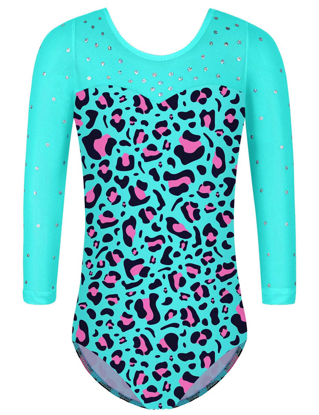 TFJH E 3/4 Sleeve Girls Gymnastic Leotards Practice Ootfits Ballet Bodysuits Tumbling Wear Green Leopard 4A