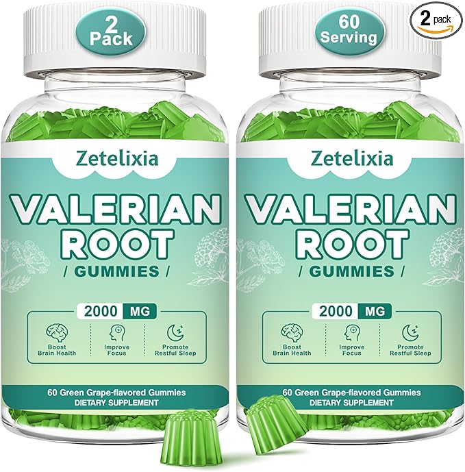 2 Pack Organic Valerian Root Gummies, Natural Calm to Help Relaxation, Herbal Supplement for Mood Support, Melatonin Free, Non-GMO, Gluten Free, Vegan, Green Grape Flavor, 120 Count