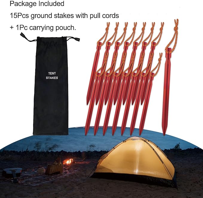 15Pack Tent Stakes, Lightweight Tent Stakes Heavy Duty, Metal Stakes with Pull Rope, 7075 Aluminum Tent Pegs for Backpacking, Durable Camping Tent Accessories, Red