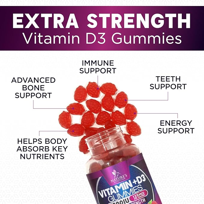 Vitamin D3 Supplement Gummy 5000 IU (125 mcg) Dietary Vitamins D for Men & Women - Bone, Teeth, Muscle and Immune Health Support, High Potency VIT D3 Nature's Non-GMO & Gluten Free - 120 Gummies