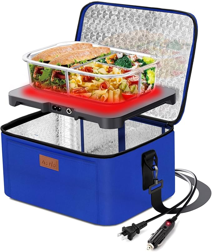Aotto Portable Oven, Electric Lunch Box Food Heater - 12V/24V/110V 3-in-1 Car Food Warmer - Heated Lunch Box for Adults - Cook, Reheat & Keep Meals Warm for Car, Truck, Travel, Work, Home - Blue