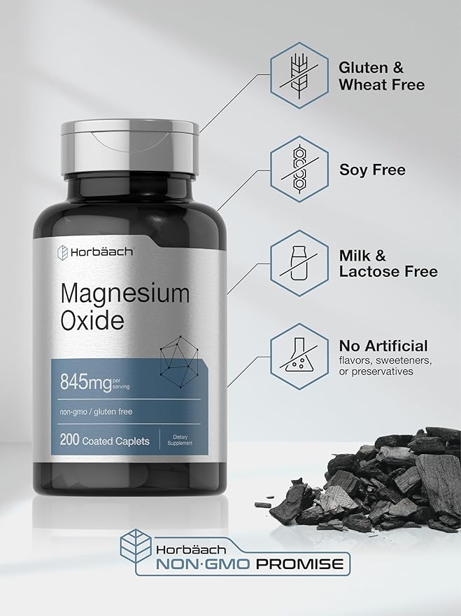 Horbäach Magnesium Oxide | 845 mg | 200 Coated Caplets | Vegetarian, Non-GMO, and Gluten Free Supplement