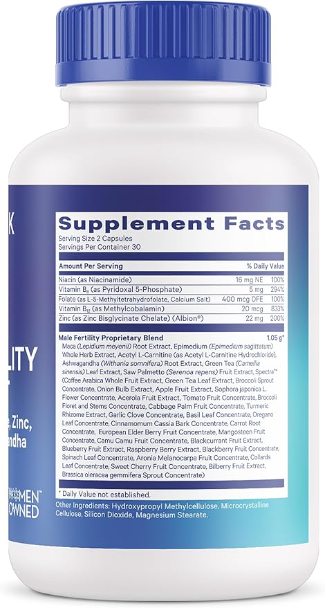 Blue Stork Fertility Supplements for Men - Supports Conception for Him - Male Prenatal Vitamins with Maca Root, Ashwagandha, Folate, B12 - Sperm Heath, Drive, Motility - 60 Capsules