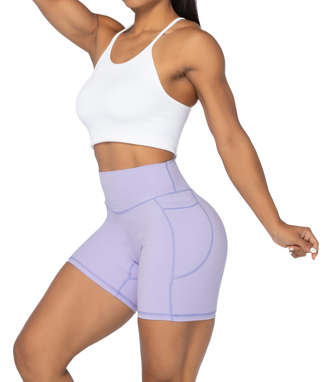 Sunzel No Front Seam Biker Shorts for Women with Pockets, Yoga Workout Gym Bike Shorts with Tummy Control 5" Lilac X-Small