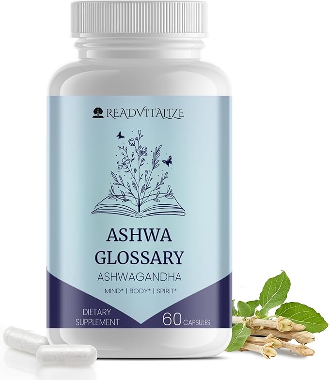 Ashwa Glossary Ashwagandha Supplements with Black Pepper - Enhance Mood, Energy, Reduce Cortisol, Support Hormones, Manage Stress & Sleep - Vegan, Gluten Free, Plant Based (60 Capsules)