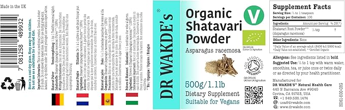 DR WAKDE'S Organic Shatavari Powder (Asparagus racemosa) - 500g (1.1lb) | Pure, Raw & Dried Powder | Ayurvedic Herb | Vegan | Nothing Added, Nothing Removed | Same Day Dispatch