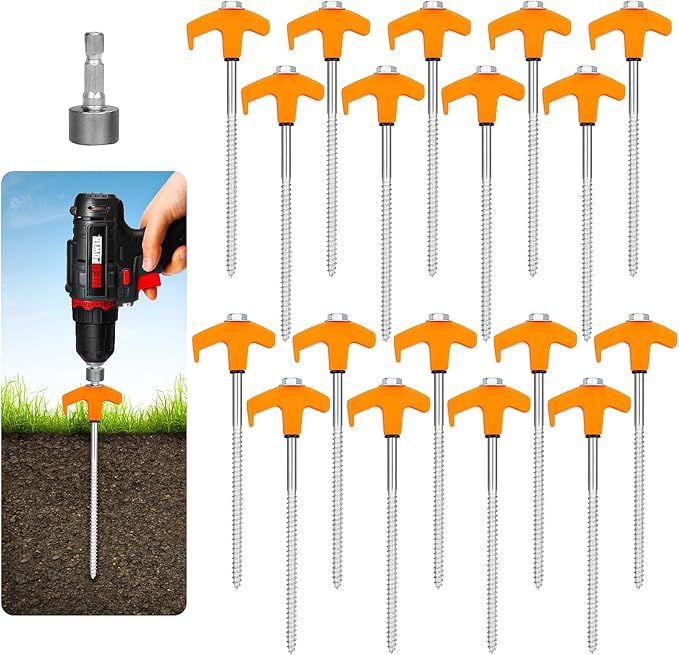 18 Tent Stakes Heavy Duty Metal Tent Stakes Screw in Camping Stakes with Luminous Head Ground Anchor Pegs Threaded Tent Spikes with Hex Head Driver and Storage Box, Orange