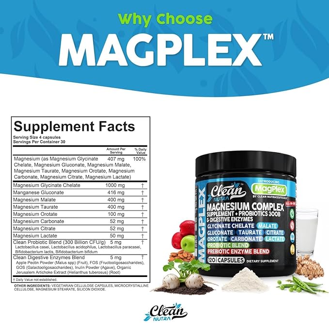 8in1 Magnesium Supplement Complex | Magnesium Glycinate Citrate Malate Gluconate Orotate Carbonate Lactate + Prebiotics Probiotics Digestive Enzymes Magnesio Capsules for Women Men by Clean Nutra