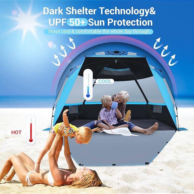 Beach Tent, Deluxe XL Pop-up Beach Tent for 4-6 Person, UPF 50+ with Dark Shelter Technology, Easy Set Up and Portable Beach Tent Sun Shelter