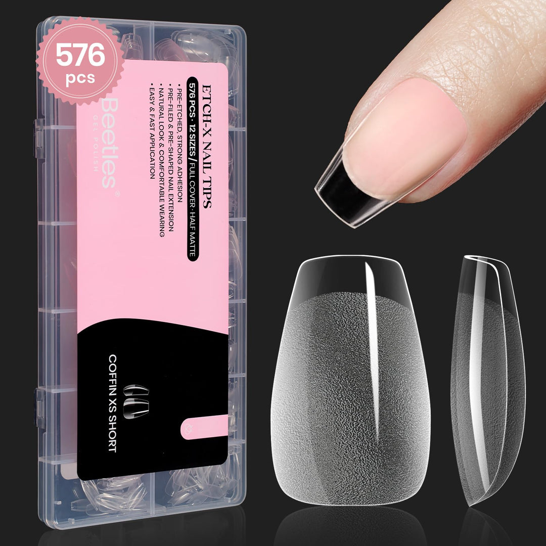 Beetles Gel Nail Tips Extra Short Coffin Pre-Etched Nail Tips, 12 Sizes 576Pcs Pre Shaped Half Matte Soft Nail Tips Press On Nails Full Cover False Nails Acrylic Fake Nail Extension Kit Gift for Women