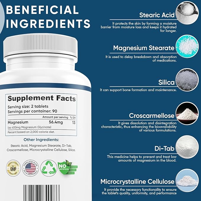 Magnesium Glycinate 400mg, 180 Tablets (Pack of 5) High Absorption, Non-GMO Magnesium for Muscle, Heart, Nerve & Bone Support | Promotes Cardiovascular Health, Made in USA (90 Servings per Bottle)