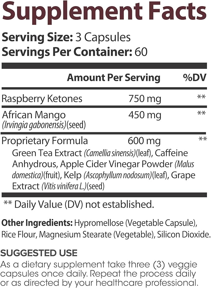 Raspberry Ketone for Women – with Raspberry Ketone & African Mango – 1800mg Per Serving – 180 Capsules – 60 Servings – Non-GMO & Gluten-Free