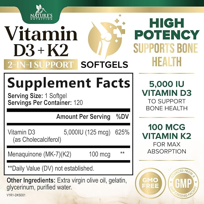 Vitamin D3 K2, 5000 IU Vitamin D3 & 100 mcg Vitamin K2 MK-7 Supplement Supports Immune Health, Bone, Heart & Calcium Absorption - Extra Virgin Olive Oil Softgel, Vitamins D & K Complex - 120 Softgels