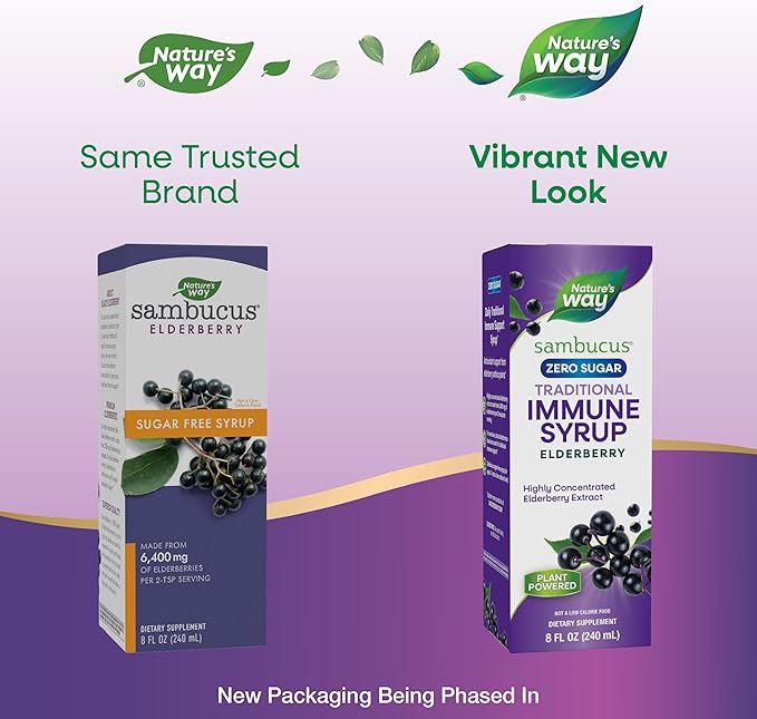 Nature’s Way Sambucus Zero Sugar Traditional Immune Syrup, Highly Concentrated Black Elderberry Extract, Traditional Immune Support*, Sugar-Free, Berry Flavored, 8 Fl Oz (Packaging May Vary)