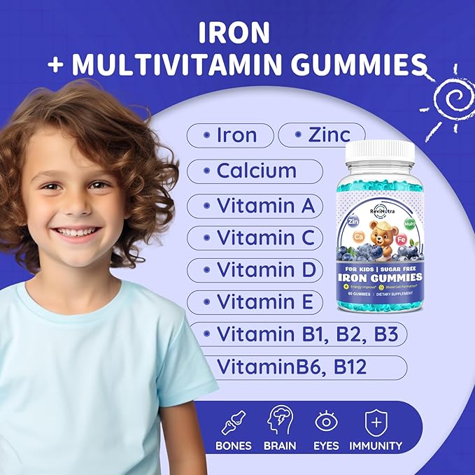 with Calcium, Zinc, Kids Multivitamin with Iron Gummies - Immune Support, Blood Builder & Energy Support for Iron Deficiency, Anemia, Vegan - 60 Gummies Blueberry Flavor