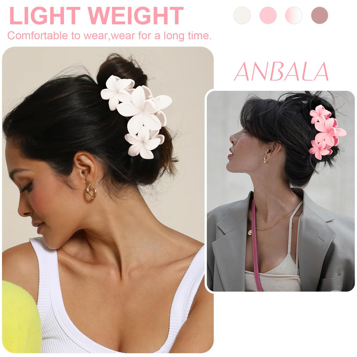 ANBALA Flower Claw Hawaiian Hair Clip, 4PCS Large Plumeria Hair Clips for Women, Non-Slip Strong Hold Clips for Thick Hair, Beach Hair Accessories (Pink, Gradient White, Dark Pink)