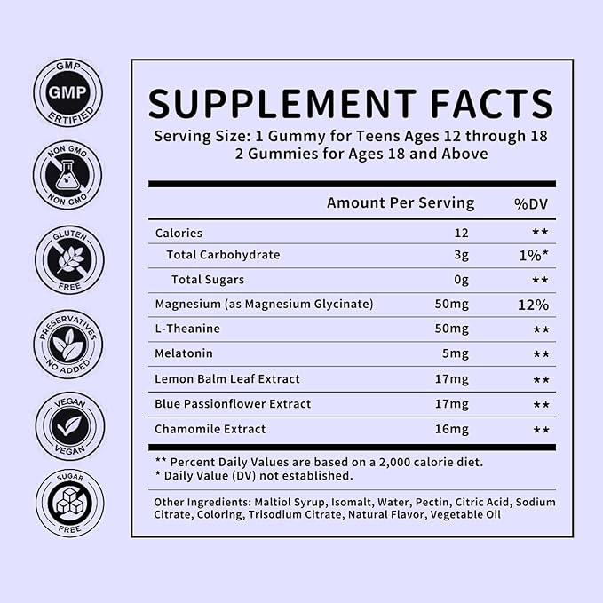 Sleep Gummies with 5mg Melatonin & 50mg Magnesium, L-Theanine, Lemon Balm, Blue Passionflower, Chamomile, Sleep Support, Help for Relaxation, Vegan, Grape Flavor, 90 Count