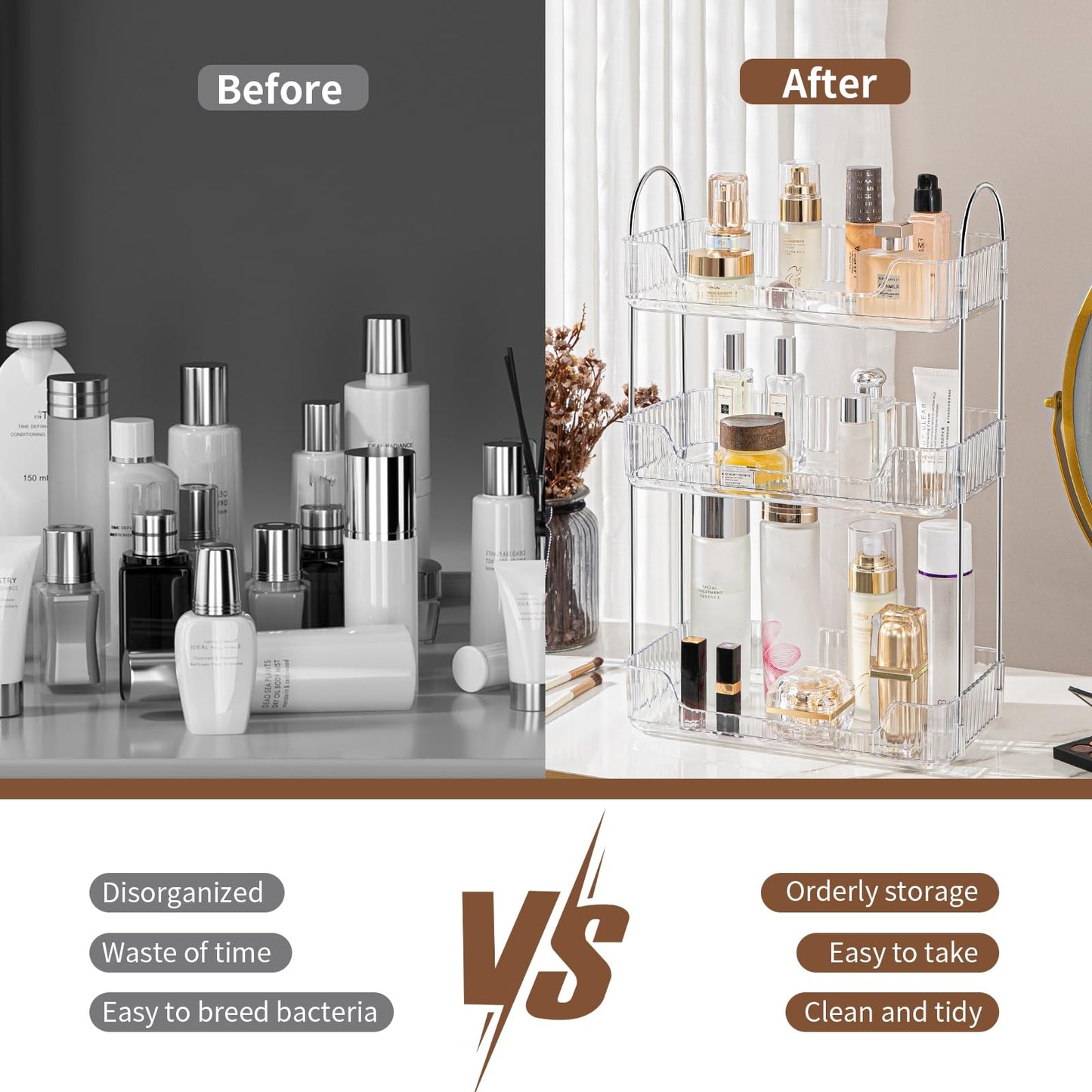Bathroom Organiser Countertop - Vanity Trays for Skincare Makeup, 3-Tier Counter Shelf for Cosmetics, Toiletries, Lotions, Perfumes (Clear)