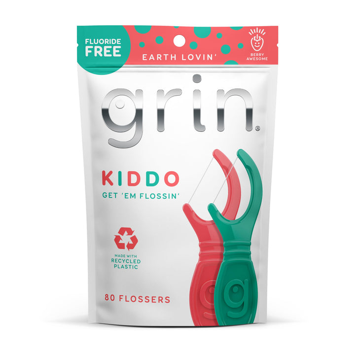 GRIN Kiddo Flossers, Berry Awesome Flavor, Recycled Plastic, Jumbo Grip, Get Your KIDDOS Flossin’ Early, Larger Floss Head, Child Safe! 80 Count, Floss Picks, Dental Flossers