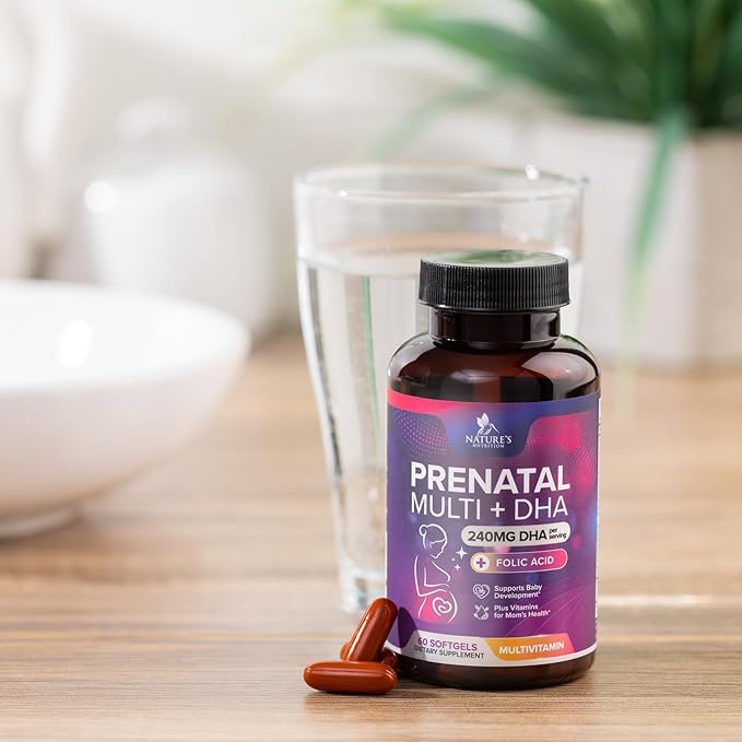 Prenatal Vitamins for Women with Folate & DHA, Prenatal Multivitamin Supports Brain Development with Folic Acid, Omega 3, Vitamin A, C, D, B6, B12 & Iron, Pregnancy Supplement, Non-GMO - 60 Softgels