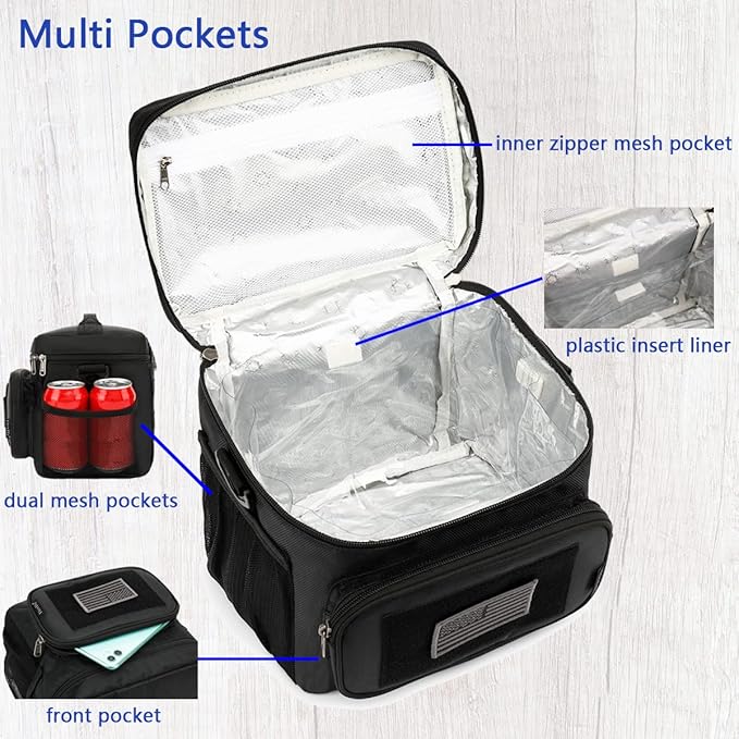 FlowFly Tactical Lunch Bag Large Insulated Lunch Box Cooler Tote for Men, Women with MOLLE/PALS Webbing (Black, Large)