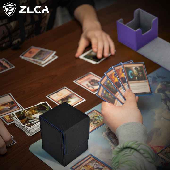 ZLCA Card Deck Box for Trading Cards, MTG YuGiOh Deck Case Holds 100+ Single Sleeved Cards, PU Leather Magnetic Card Storage Box Fits for TCG CCG Magic Game Cards (Black& Blue)