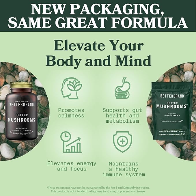 Betterbrand BetterMushrooms Mushroom Gummies to Support Gut Health, Metabolism, Energy, Focus - Lion's Mane, Cordyceps, Chaga & Maitake Mushroom Supplement - Maintains Healthy Immune System