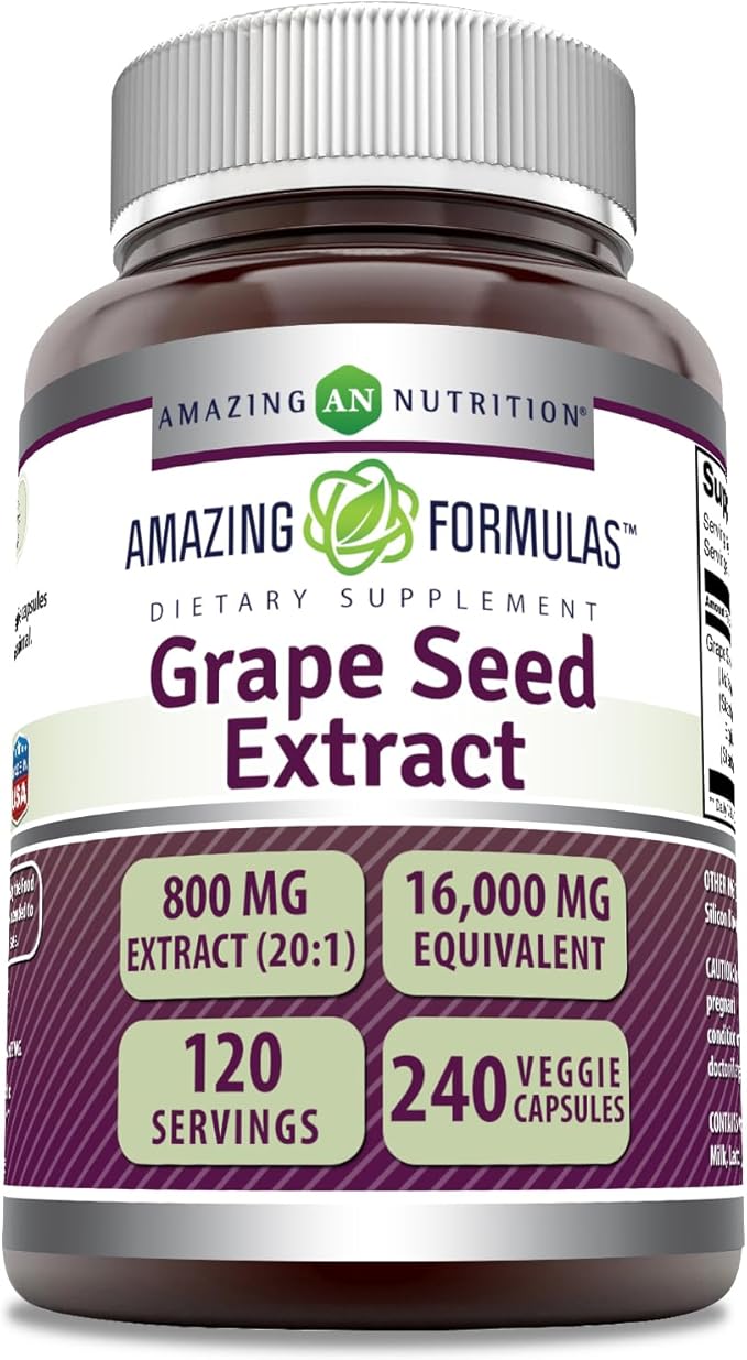Amazing Formulas Grape Seed 800 Mg Extract (20:1) | 16000 Mg Equivalent | Veggie Capsules | Non-GMO | Gluten-Free | Made in USA (240 Count)
